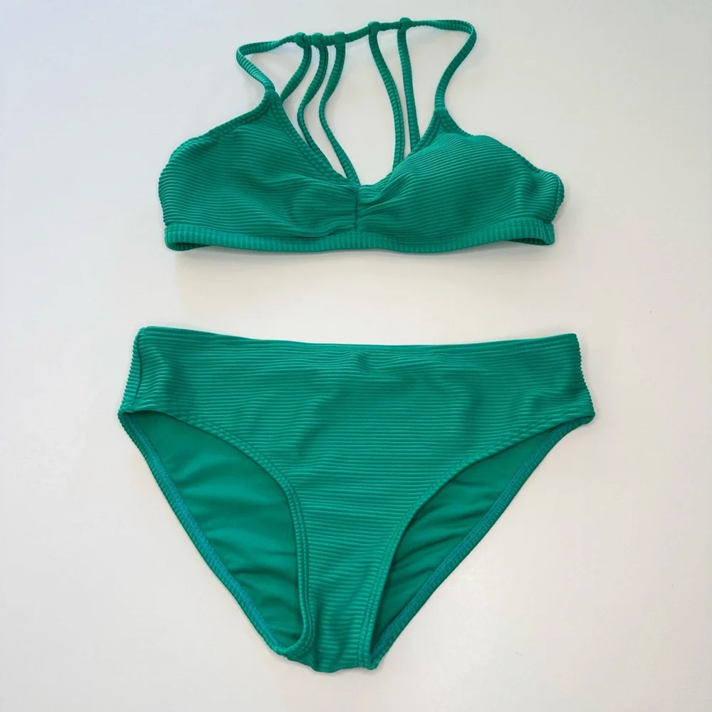 RSQ Bralette Bikini Set Green Striped Textured Strappy Girls Size 10